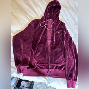 Lacoste - Burgundy Velour Tracksuit Hoodie & Sweatpants Set. Large